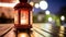 Abstract candle lantern night light on wood table in blur bokeh kid pub 