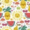 Abstract cartoon nursery pattern with sun , fruits. Summer poster.