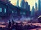 abstract cartoon style scenery of post apocalypse world created with generative ai technolgy