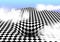 Abstract checkered board background with round pit or hole and corner in vaporwave style with clouds. Surreal