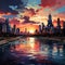 Abstract Chicago cityscape with skyscrapers, river and sunset. Ai illustration