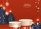 Abstract Christmas day backdrop.Circle stage podium decor with trees, snowflakes, ball, stars is hanging,light on a red background