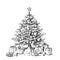 Abstract Christmas tree with gifts and balls hand drawn sketch in doodle style
