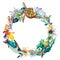Abstract circle wreath of tropical reef fish, sea turtles, sea horses, jellyfish, squid, corals, anemones, algae, mollusk nautilus