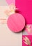 Abstract close up top view round wood mock up,geometric piece pattern paper shapes.Triangle,rectangle pink gray colors
