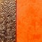 Abstract closeup view of interior orange painted wall with fragment of mirror decorated metal frame