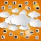 Abstract cloud computing with media icons on a striped orange ba