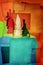 Abstract collage with colored cardboard bottles. Stylization