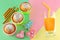 On an abstract colored background  vanilla muffins  straws  cookies with icing and orange juice in a glass glass.