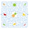 Abstract colored complex isolated maze with fruit. Blue color on a white background. An interesting game for children. Vector