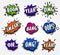 abstract colorful comics speech balloons icons collection on checkered background, dialog boxes with popular