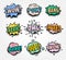 abstract colorful comics speech balloons icons collection on checkered background, dialog boxes with popular