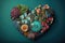 Abstract colorful dried flowers in the shape of a heart on teal background.