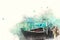 Abstract colorful fishing boat and Harbor on watercolor illustration painting.