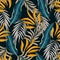 Abstract colorful hawaiian seamless pattern with tropical plants and leaves.  Colorful stylish floral.Trendy summer Hawaii print.