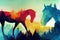 Abstract colorful horse background. ai generated. Horse watercolor double exposure background