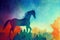 Abstract colorful horse background. ai generated. Horse watercolor double exposure background