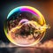 Abstract colorful image of an iridescent soap bubble filled with curling smoke, made with generative ai