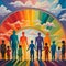 An abstract colorful oil painting featuring people of different races and ages standing in unity under a rainbow.