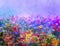 Abstract colorful oil painting purple cosmos flowe, daisy, wildflower in field