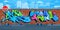 Abstract Colorful Outdoor Urban Streetart Graffiti Wall With Drawings Against The Background Of The Cityscape Vector Illustration