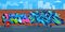 Abstract Colorful Outdoor Urban Streetart Graffiti Wall With Drawings Against The Background Of The Cityscape Vector Illustration