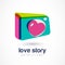 Abstract colorful photo camera with heart lens. Vector logo icon template. Design concept for wedding photographer.