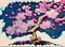 Abstract colorful spring cherry blossoms in a Japanese Lino cut style on digital art concept, Generative AI