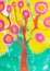 abstract colorful tree with yellow, pink, green blots and splashes