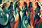 Abstract colorful women dancers. Religious Arabian women painting. Surreal illustration.