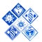Abstract composition of different blue Ð¡hristmas decorations isolated on white background. Hand made linocut.