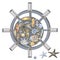 Abstract composition of metal ship helm and circle of mechanical sea horses, fish, turtle, starfish, shell, coral, seaweed, gear