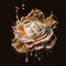 Abstract composition of a rose surrounded by splashes of coffee. Generative AI