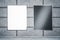 Abstract concrete tile wall with blank two black and white billboards. Ad, commercial and information concept. Mock up, 3D
