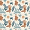 Abstract contemporary hand drawn seamless pattern with women, organic shapes, leaves on beige background.