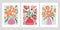 Abstract contemporary posters with floral design, flowers in pots, aesthetic minimalist backgrounds set