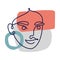 Abstract contour female face. Contemporary woman one line portrait on color collage background spots, minimalist poster