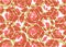 Abstract coral hand-painted roses and green hexagons with transparent layering effect. Seamless vector pattern