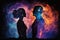 Abstract Cosmic Love: Man and Woman Silhouettes Embraced in Astral Body, generative ai