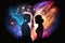 Abstract Cosmic Love: Man and Woman Silhouettes Embraced in Astral Body, generative ai