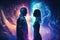 Abstract Cosmic Love: Man and Woman Silhouettes Embraced in Astral Body, generative ai