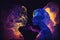 Abstract Cosmic Love: Man and Woman Silhouettes Embraced in Astral Body, generative ai