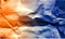 Abstract crumpled paper orange blue pastel light color mixture multi colors effects background.