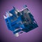 Abstract cube made of blue color plates on a purple background. 3d rendering. Innovative impressive technologies