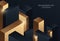 Abstract dark blue and gold geometric shapes background. Modern cubic blocks creative design. Luxury and elegant style graphic.