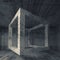 Abstract dark gray concrete room interior. 3d flying cube