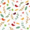 Abstract decorative seamless pattern with colorful brunch, leaves, birds, flowers.