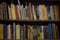 Abstract defocused background. Books in university library, Education theme