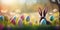 An abstract defocused Easter scene featuring bunny ears behind grass and decorated eggs placed in a flower field