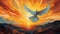 An abstract depiction of a dove flying towards the sun, symbolizing peace and hope.